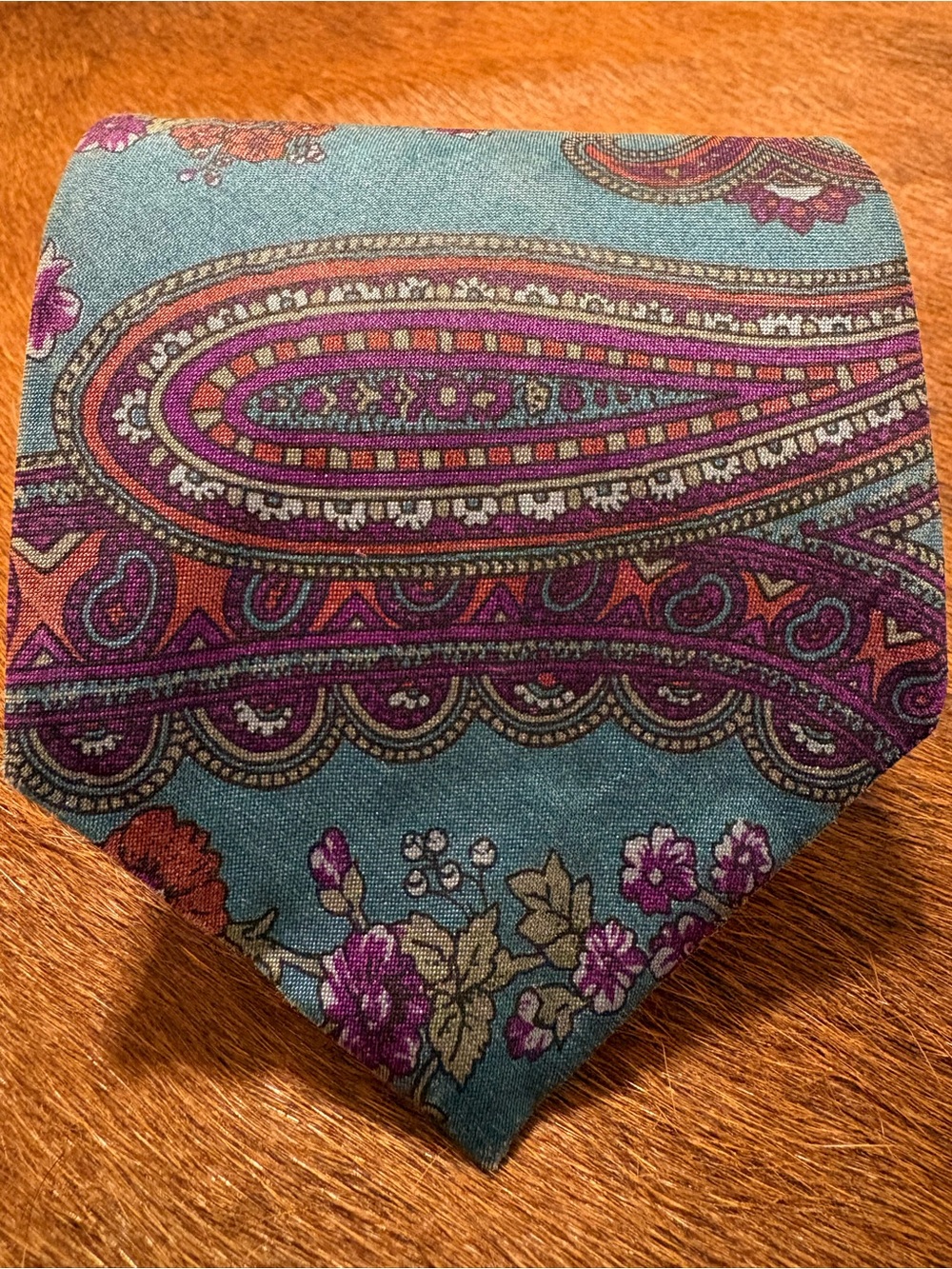 Turquoise Paisley Silk Tie with Purple and Pink Accents